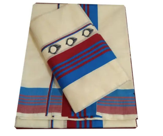 KUTHAMPULLY TREDITINAL DESIGN BLUE KATTYKARA WITH PEELI SETMUNDU